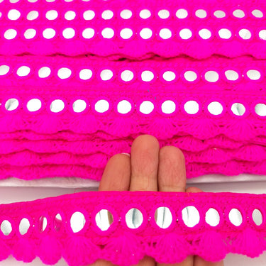 Fuchsia Pink Fringe Trim With Mirrors, Boho, Bohemian Trim